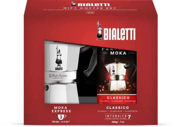 Preview: Geschenkset Moka Express 3 Tassen 2. Wahl (Vorführgerät) + Perfetto Moka Classico, Kaffee gemahlen 250g